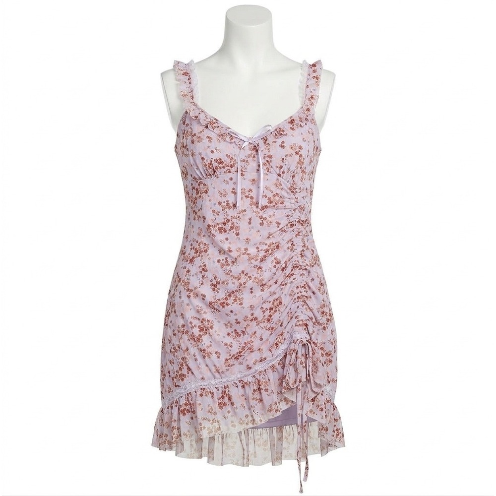 Stitch & Pine Lavender Floral Ruched Mesh Ruffle‎ Mini Dress Size L